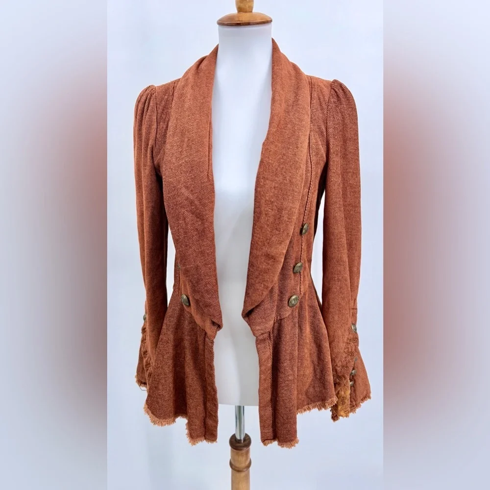 FREE PEOPLE Throwback Corduroy Jacket Lace Victorian Gothic Peplum Blazer Rust